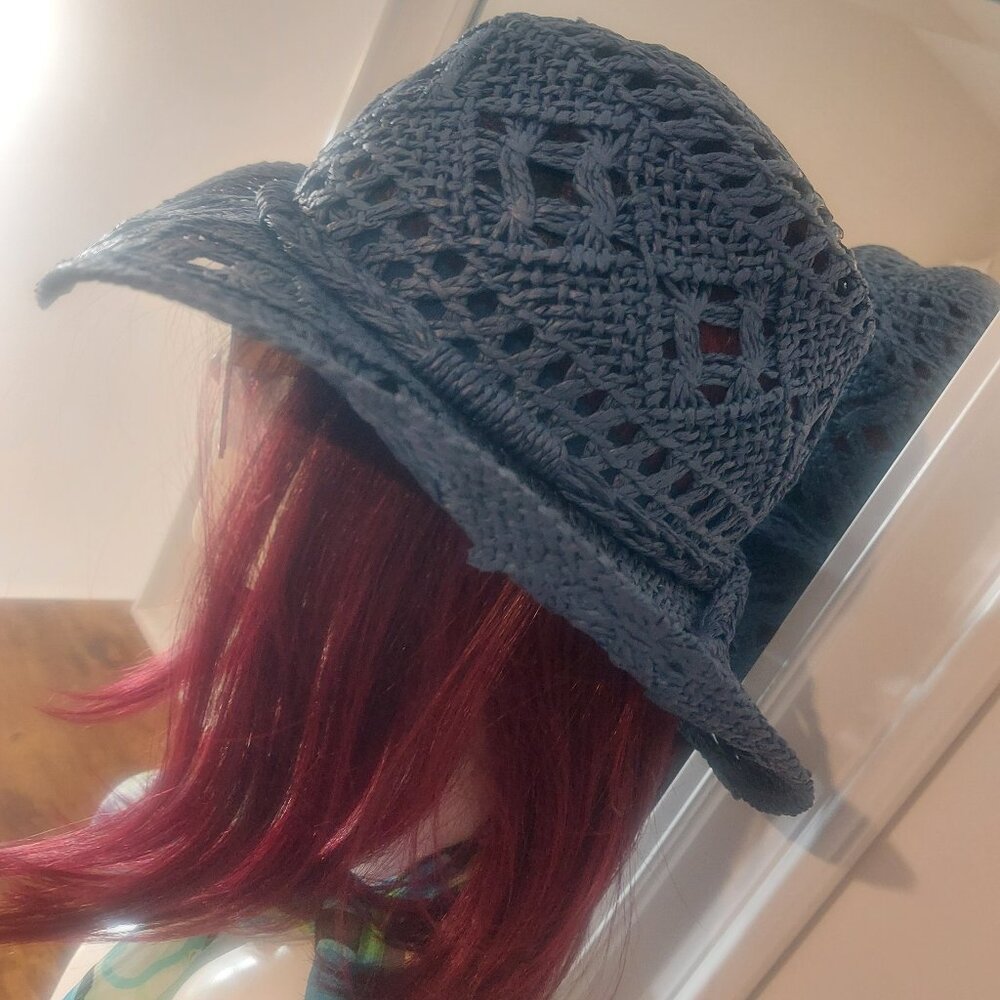 The Steve madden Denim Raffia Straw Hat - Blue Crochet Sun Hat - Picture 3 of 7